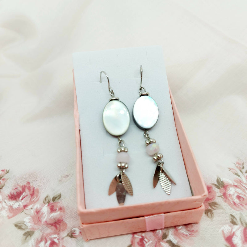 Silver Tone, Shell Effect and Pink Paste Drop Earrings