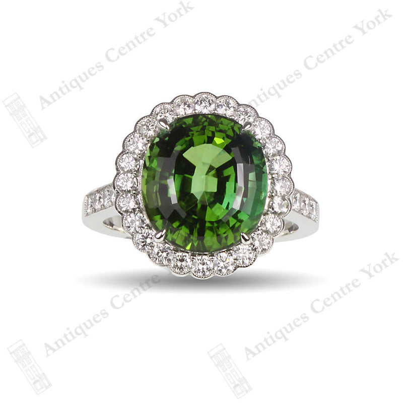 Platinum Fine Green Tourmaline & Diamond Cluster Ring