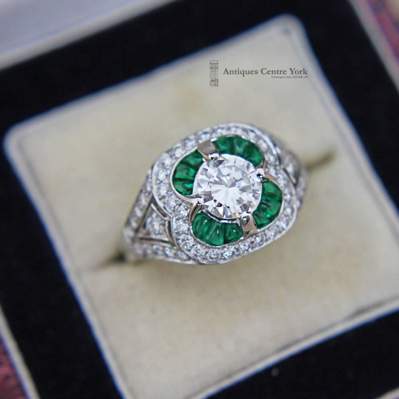 Handmade Platinum Emerald & Diamond Cluster Ring