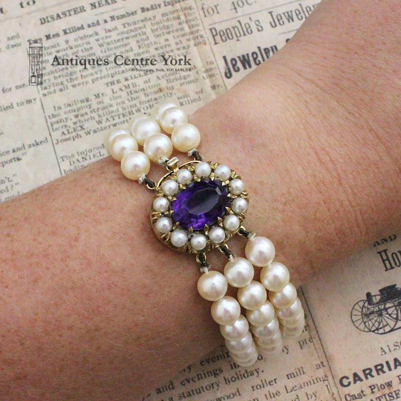 9ct Cultured Pearl & Amethyst 3 Row Bracelet