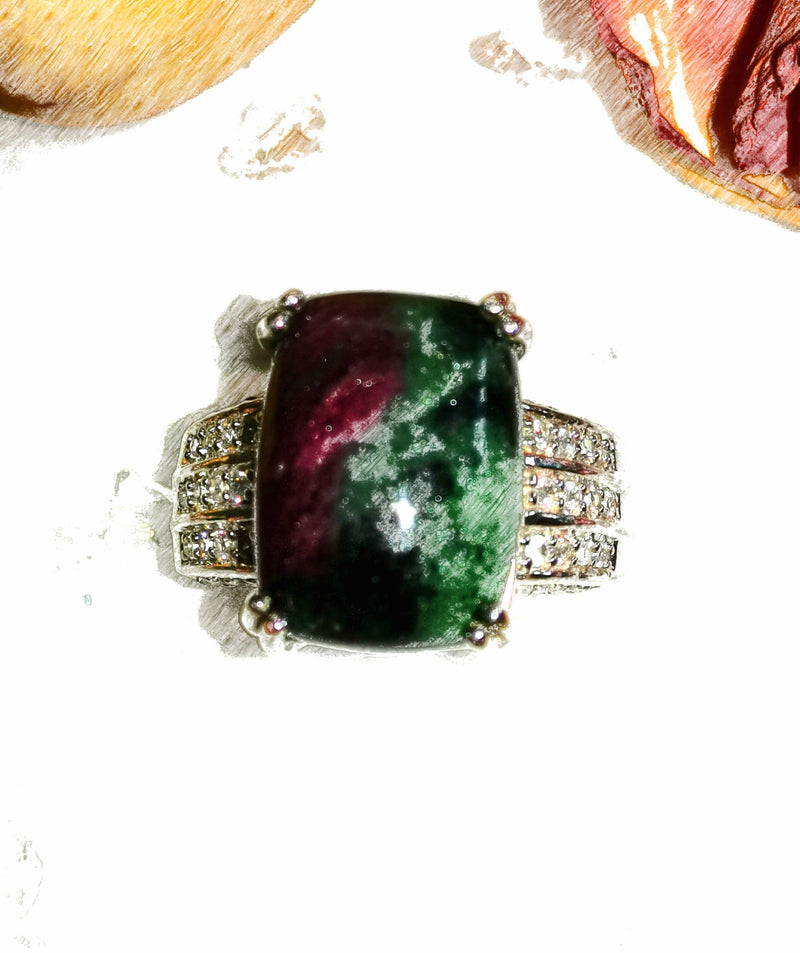 New 925S Ruby Zoisite Cambodian Zircon Ring - 16Cts