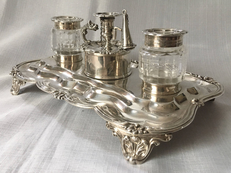 William IV silver inkstand with twin inkwells and taperstick holder with snuffer. London 1834 Joseph Angell I & John Angell I. 16 troy ounces.