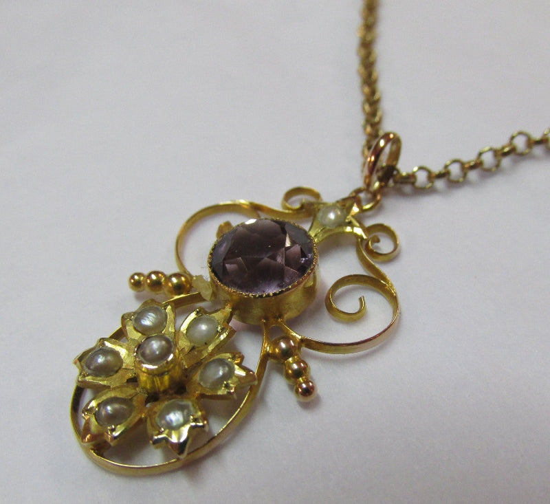 9ct Gold Amethyst Pearl Pendant