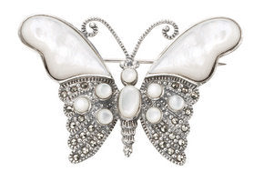 Silver Marcasite Mother of Pearl Butterfly Brooch Pin