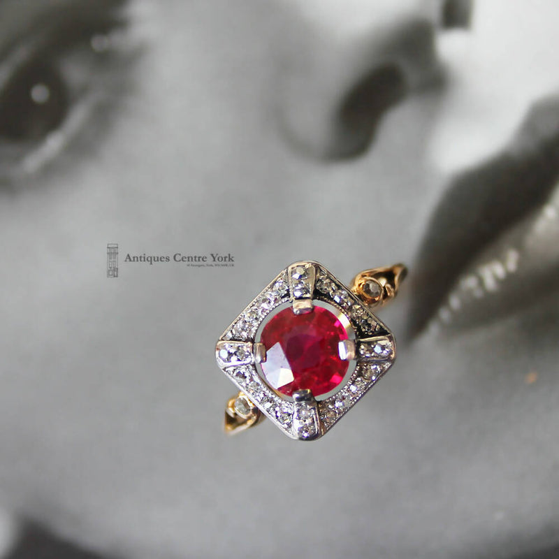 Edwardian 18ct "Ruby" & Diamond Cluster Ring