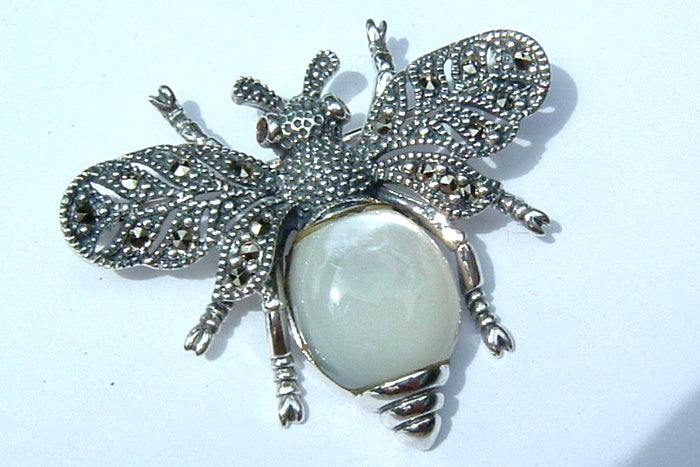 Silver Marcasite Mother of Pearl Bee Brooch