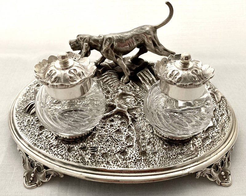 Naturalistic & Hunting Dog Themed Silver Plated Inkstand. John Turton & Co, Sheffield.