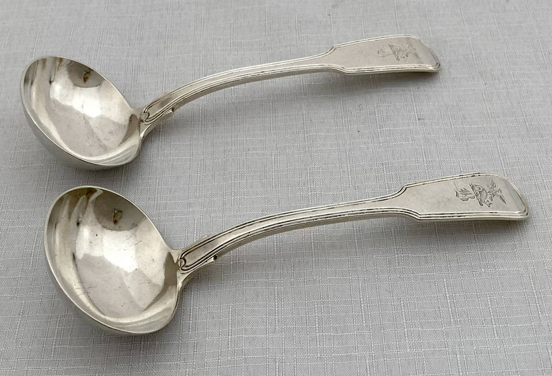 George IV Pair of Double Struck Thread Pattern Silver Sauce Ladles. London 1827 Josiah Piercy I. 4.9 troy ounces.