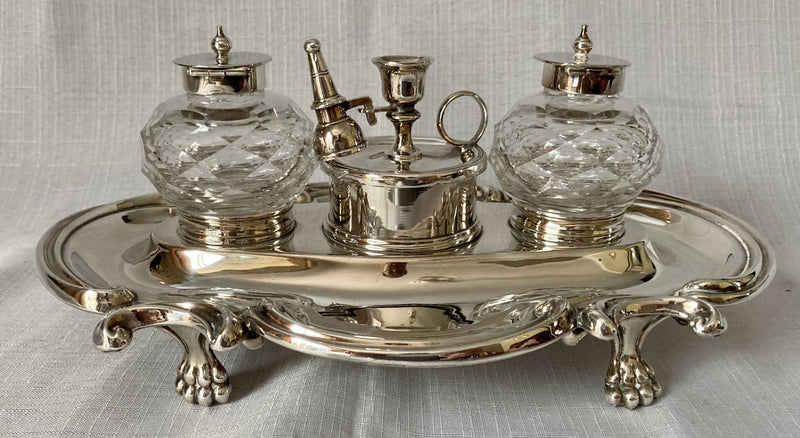 Georgian Style Silver Plated Inkstand with Twin Inkwells & Taperstick Holder.