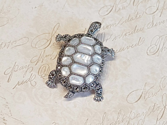 Tortoise Brooch Silver Mother of Pearl Marcasite Pin Pendant