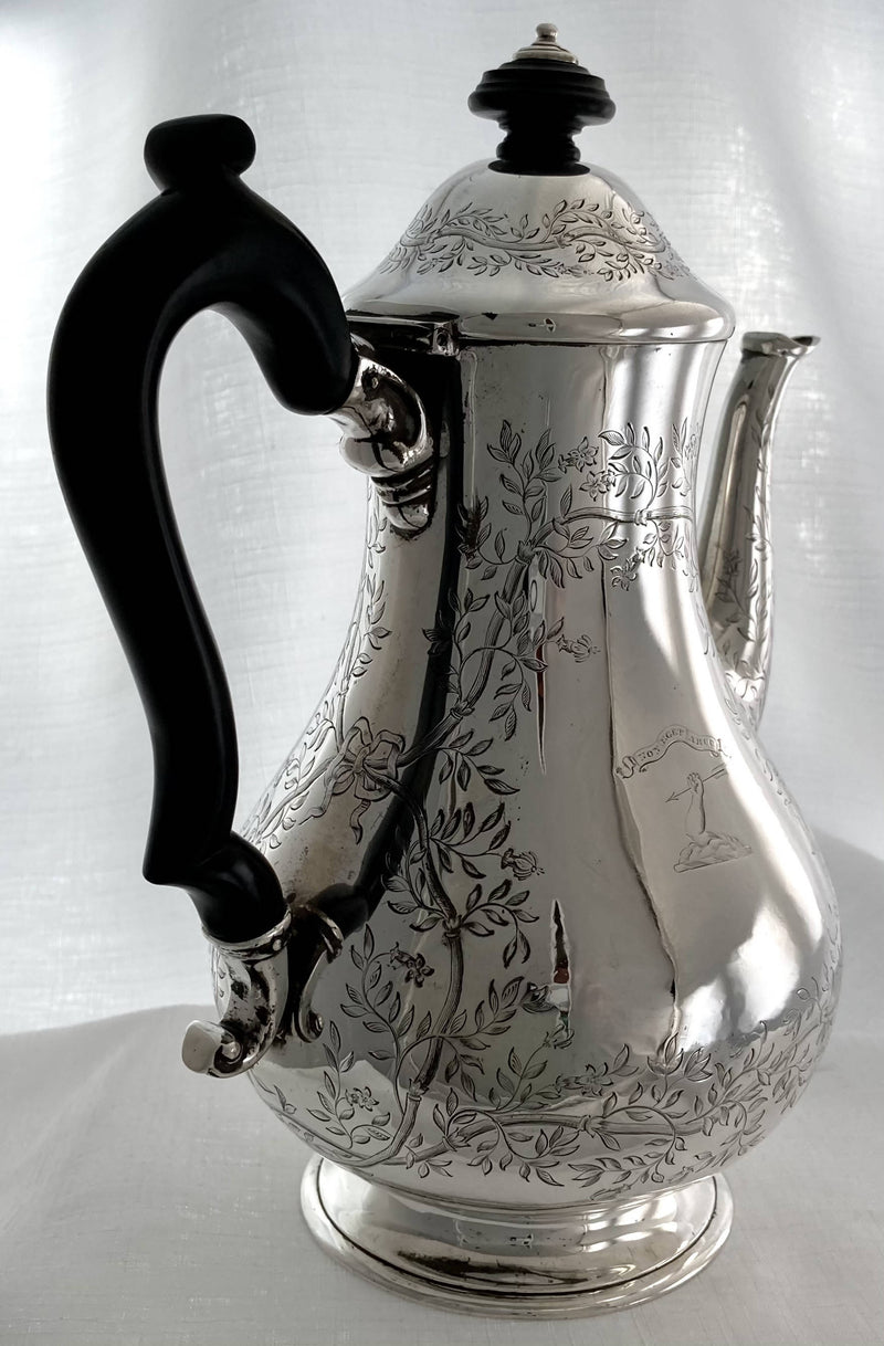 Victorian Silver Coffee Pot Crested for Elliot of Minto. London 1847 R & S Garrard & Co. 21.8 troy ounces.