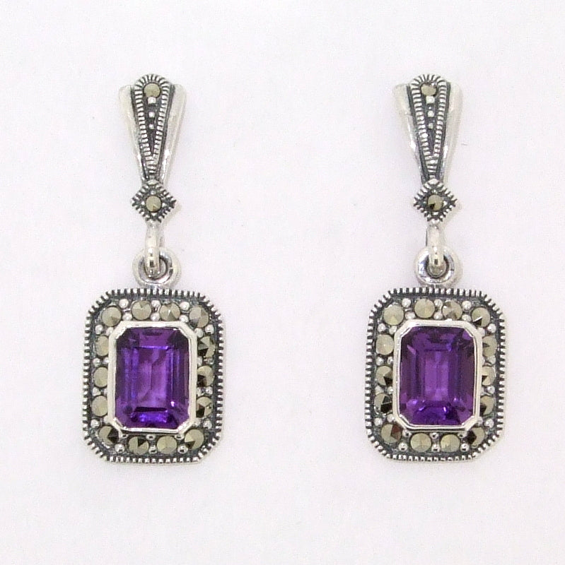 Silver Marcasite Purple Amethyst Earrings