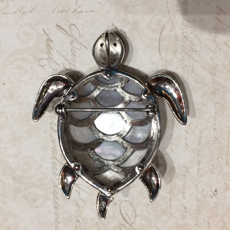 Silver Turtle Brooch Marcasite Mother of Pearl Pin Pendant