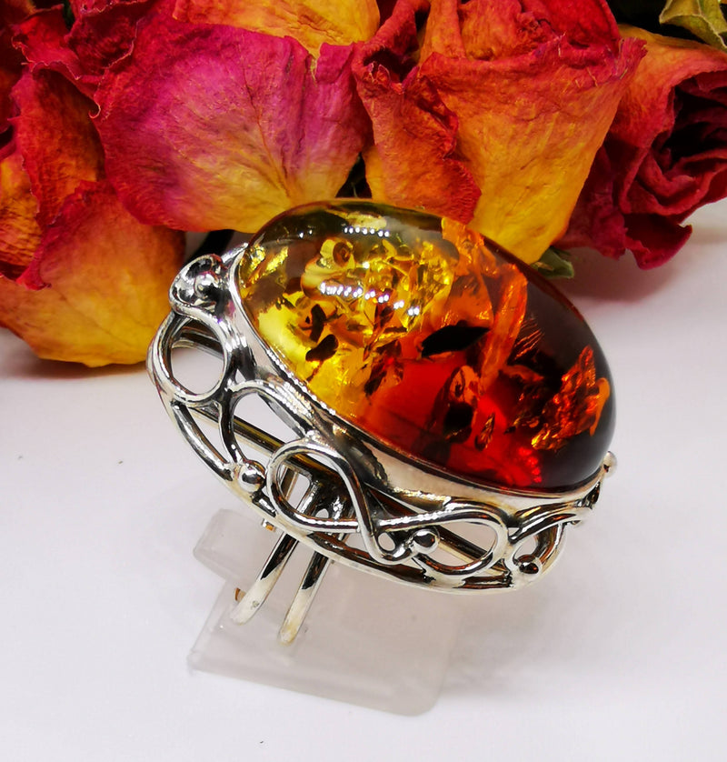 New Glorious Bi-coloured Amber (20x30mm) 925 Sterling Silver Ring - Size Adjustable