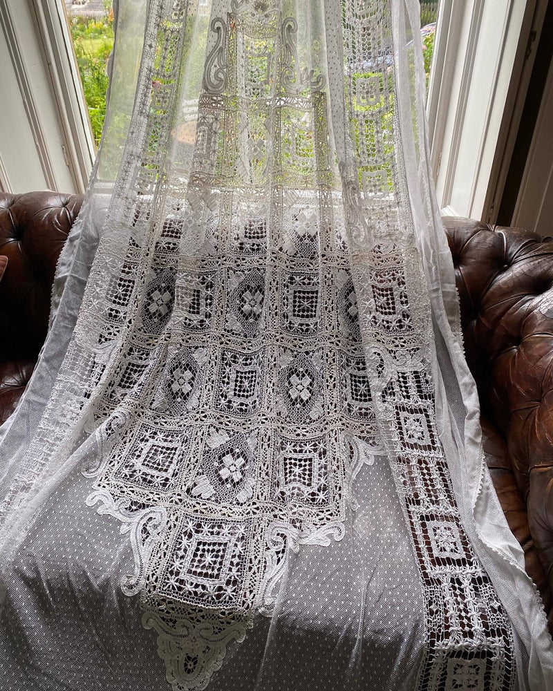 Antique tulle patchwork tulle beautiful off white Cotton Lace Curtain Panel recuperated from château