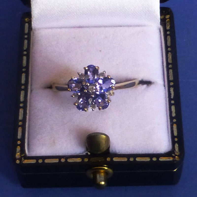 9ct Gold Tanzanite and Diamond Flower Ring Size P
