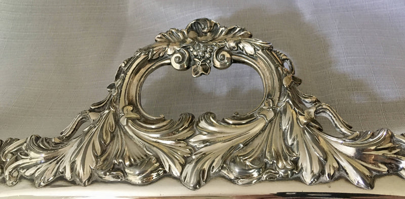 Georgian, George IV period, twin handled Old Sheffield Plate serving tray on four ornate feet. Circa 1820 - 1830.