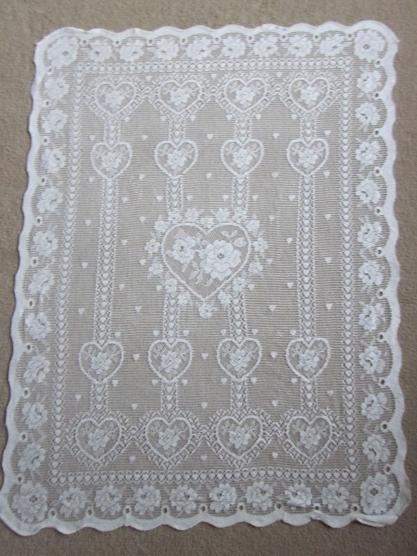 "Charming Hearts" A Vintage Ivory Cotton Lace Curtain Panel - 30 x 36 Inches- Ready-made