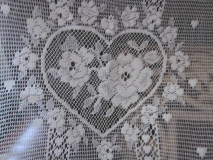 "Charming Hearts" A Vintage Ivory Cotton Lace Curtain Panel - 30 x 36 Inches- Ready-made