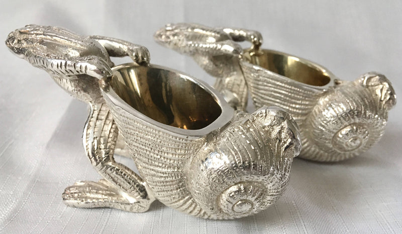 Pair of novelty silver plated frog and snail shell gilt lined salts.