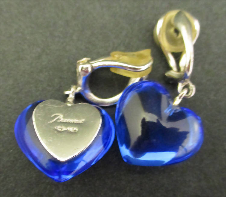 Baccarat silver and blue crystal heart earrings