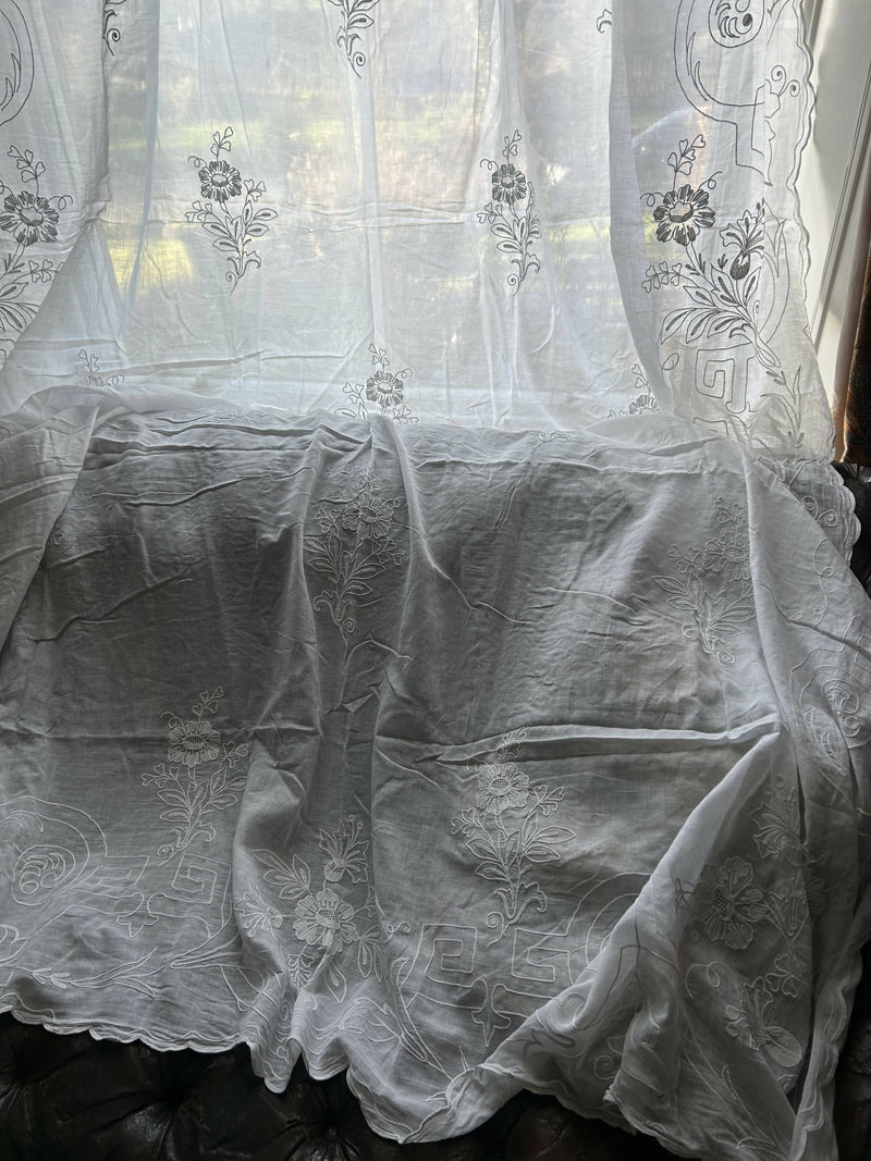 Antique French Corneley off white Cotton Lace Curtain Panels recuperated château 72”/120” to finish