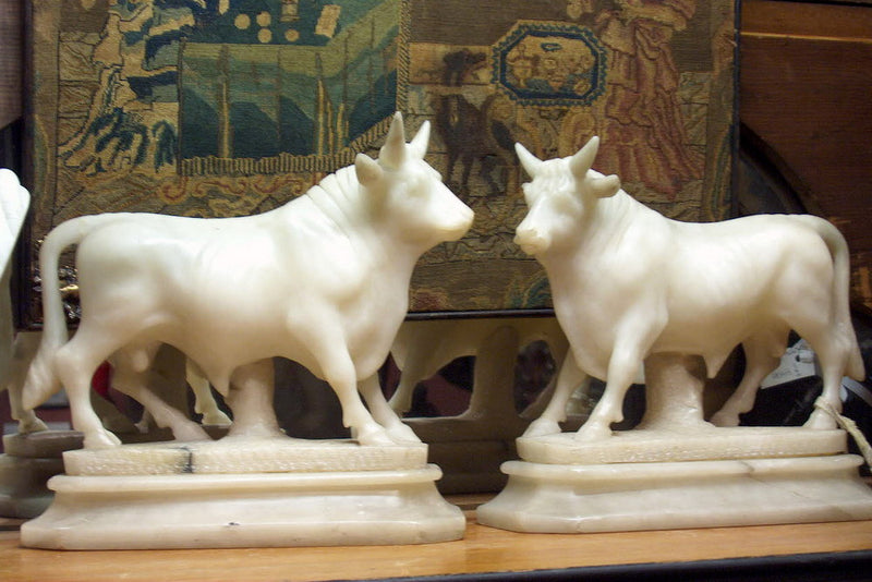 Antique 19th Century Pair of Alabaster Bull Sculptures