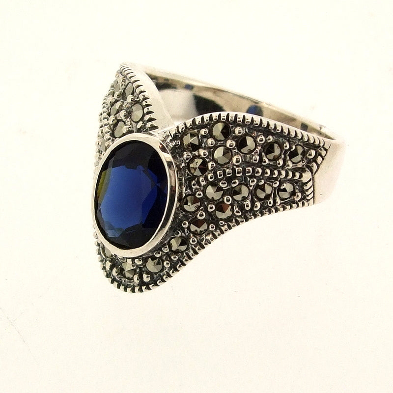 Silver Sapphire Blue Crystal Marcasite Ring