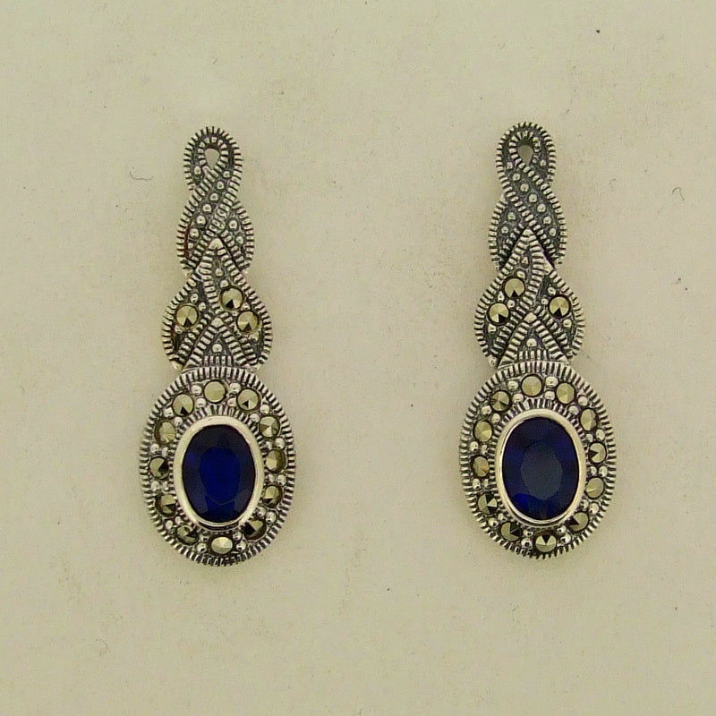 Silver Sapphire Marcasite Earrings Blue