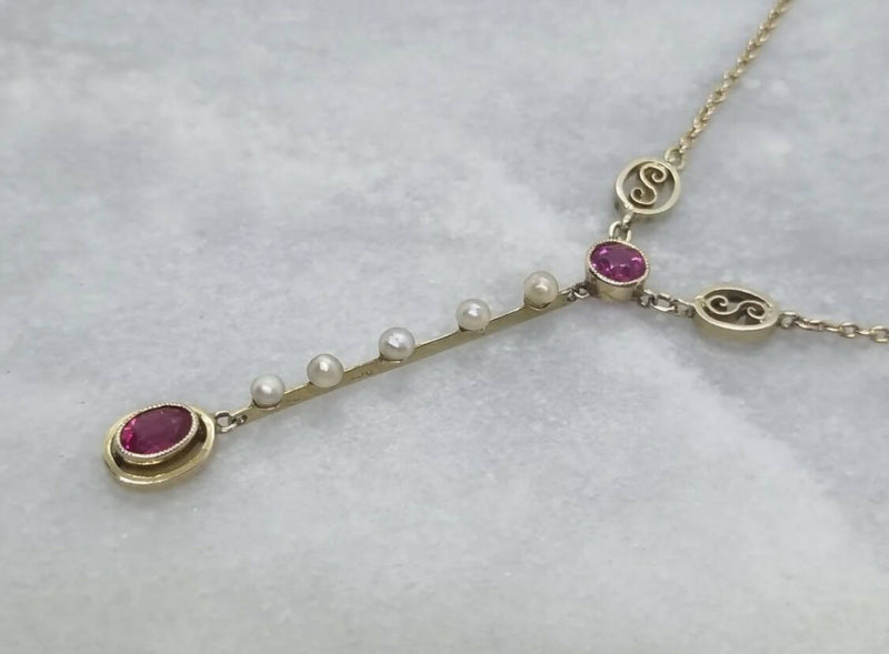 Murrle Bennett & Co 9ct Yellow Gold Art Nouveau c1910 Pink Sapphire, Ruby & Pearl Drop Necklace