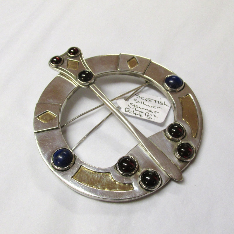 Very Large Silver Brooch set with Garnet and Lapis Lazuli
