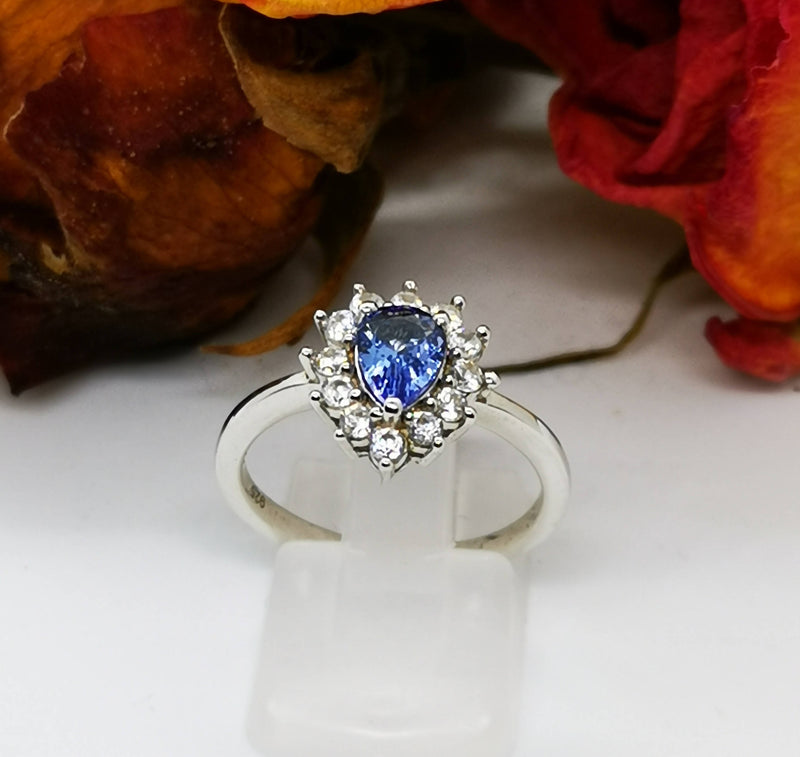New Tanzanite Pear and Cambodian Zircon 925 Sterling Silver Ring (Size O)