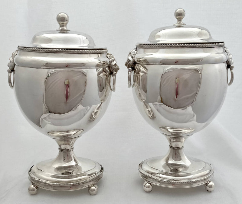 Georgian, George III, Pair of Old Sheffield Plate Urns. Circa 1810 - 1820.