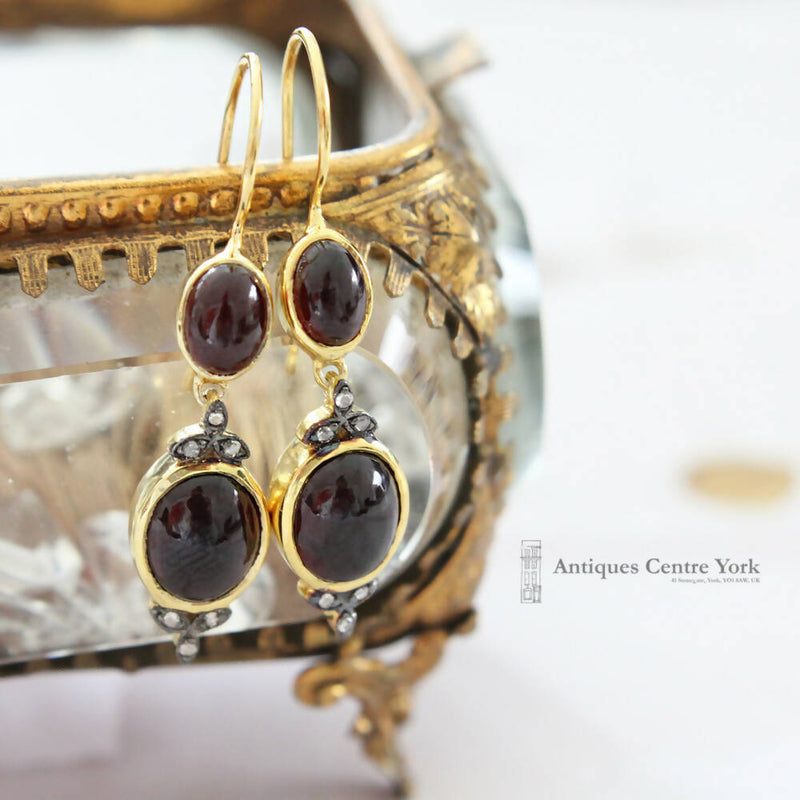 9ct Gold & Silver Gilt Garnet & Diamond Drop Earrings