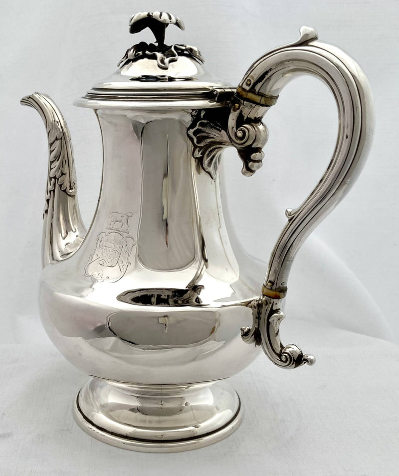 William IV Silver Armorial Coffee Pot. Sheffield 1835 Hawksworth & Eyre. 23.9 troy ounces.