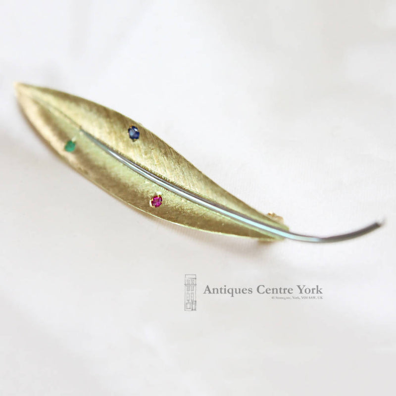 18ct Gold Emerald, Sapphire & Ruby Textured Leaf Brooch