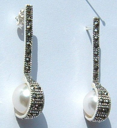Silver Pearl Earrings Marcasite Art Deco