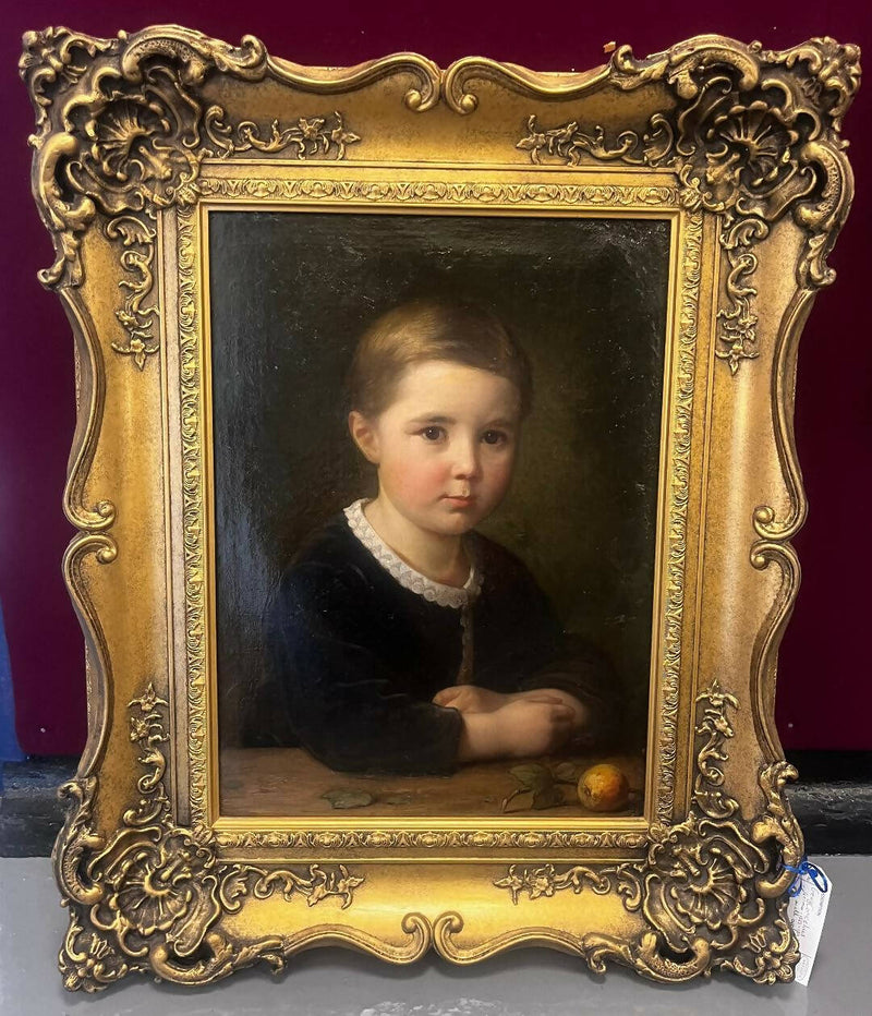 'Boy With Apples' 19th Century Oil Painting