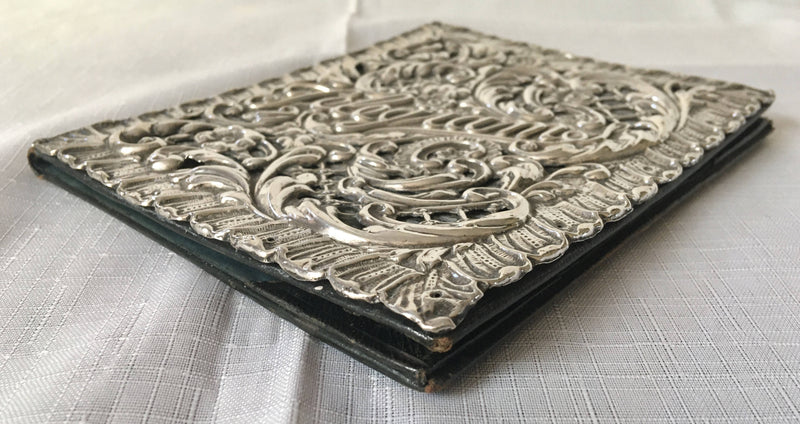 Edwardian silver mounted, Morocco leather and watermarked silk telegrams folder. Birmingham 1903 Synyer & Beddoes.