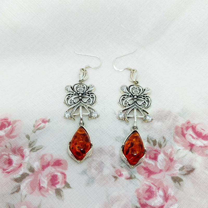 Pretty Silver, Amber & Faux Diamond Earrings