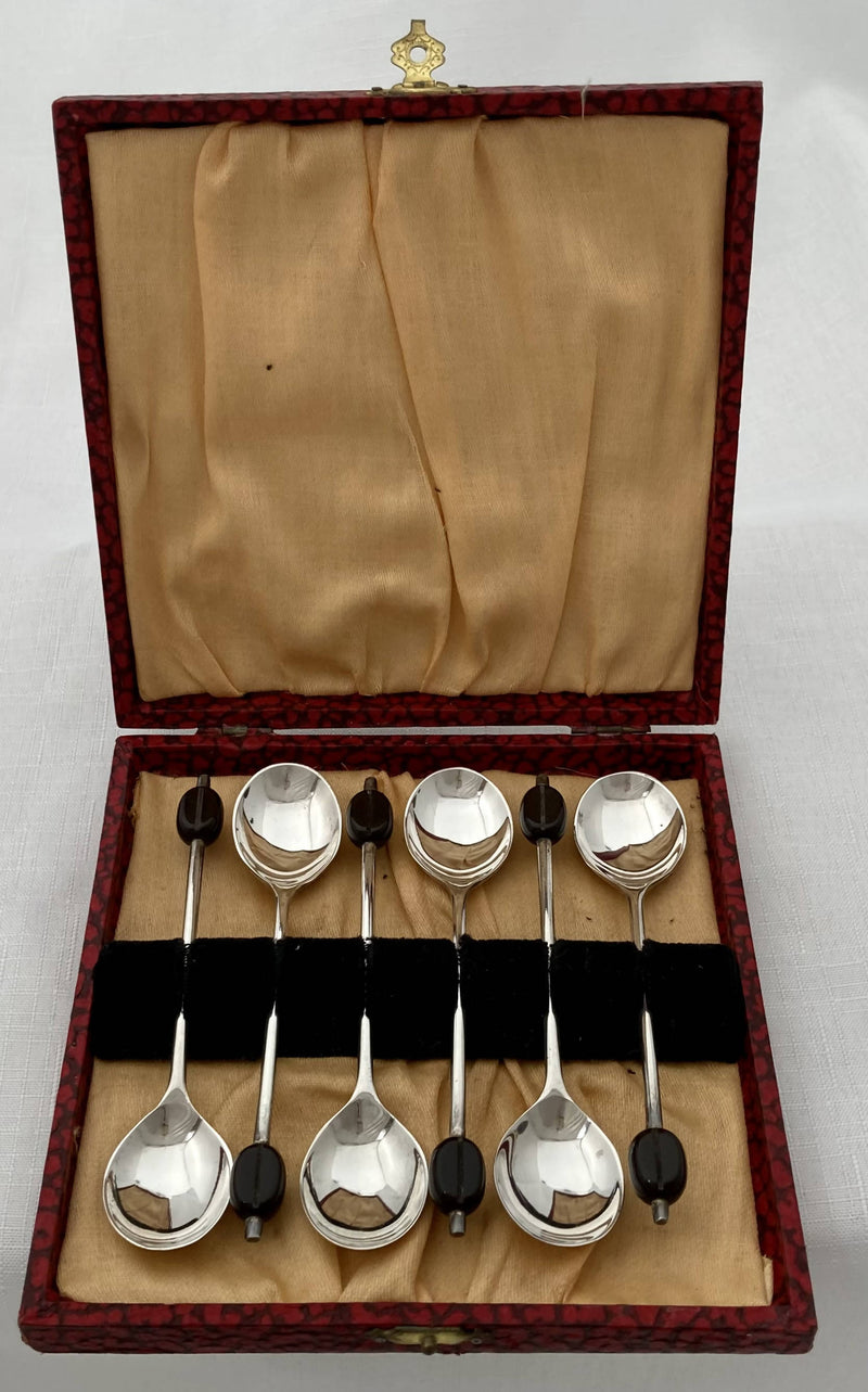 George V Cased Set of Six Silver Coffee Bean Spoons. Sheffield 1933 Thomas Turner & Co. 1.8 troy ounces.