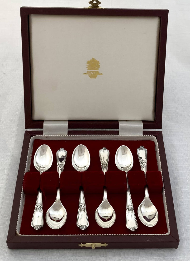 Elizabeth II cased set of six silver, double struck, coffee spoons. Sheffield 1989 Asprey plc. 2.4 troy ounces.