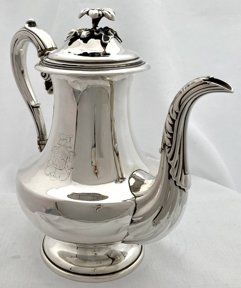 William IV Silver Armorial Coffee Pot. Sheffield 1835 Hawksworth & Eyre. 23.9 troy ounces.