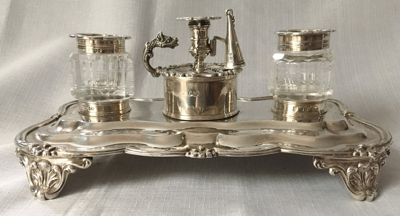 William IV silver inkstand with twin inkwells and taperstick holder with snuffer. London 1834 Joseph Angell I & John Angell I. 16 troy ounces.