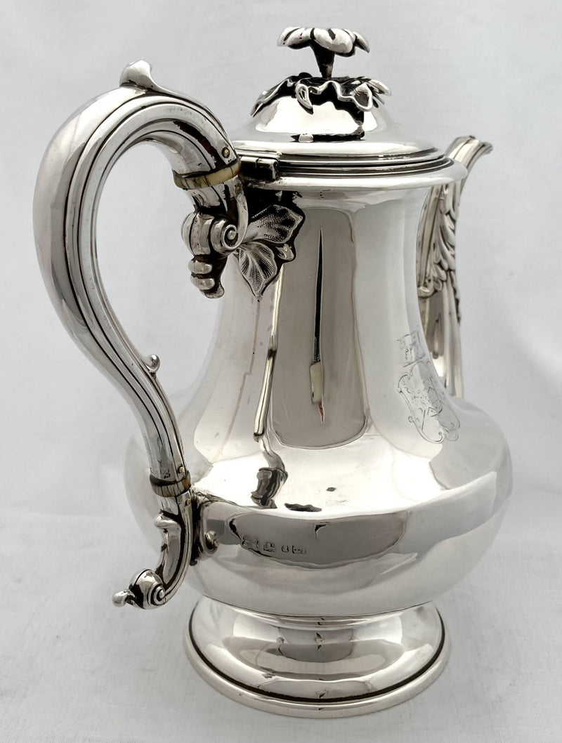 William IV Silver Armorial Coffee Pot. Sheffield 1835 Hawksworth & Eyre. 23.9 troy ounces.