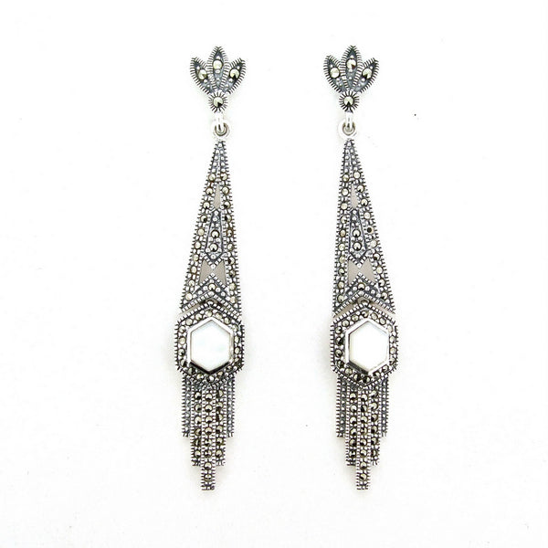 Art Deco Design Mother of Pearl and Marcasite Dangle Earrings good in .925 Silver.