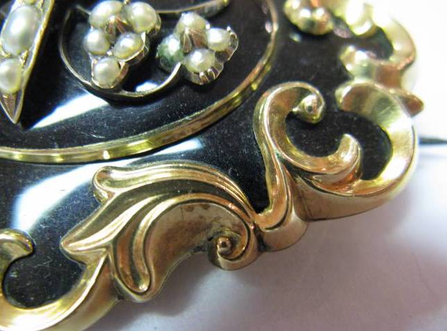 A Victorian Onyx and Seed Pearl Mourning Jewelry Demi P A Victorian Onyx and Seed Pearl Mourning Jewelry Demi P