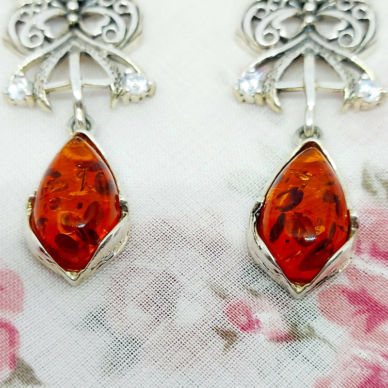 Pretty Silver, Amber & Faux Diamond Earrings