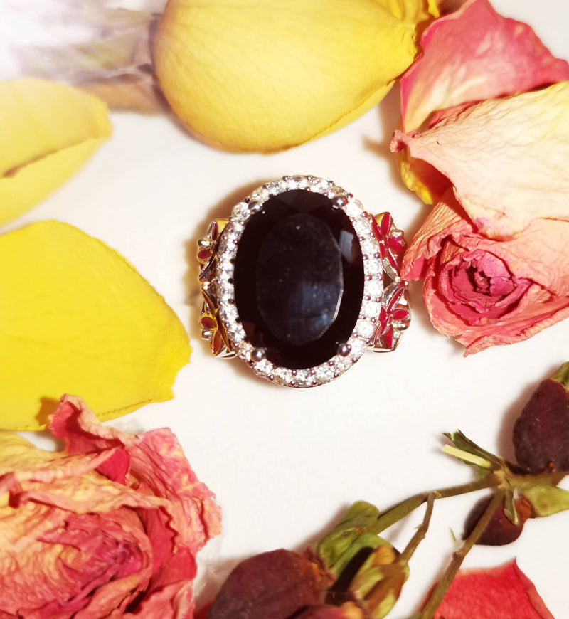 New Black Tourmaline and Zircon Halo Cocktail Ring in Platinum Plated in Sterling Silver - Size O