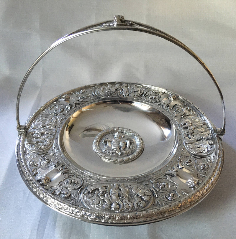 Victorian silver plated swing handled tazza. Elkington & Co. 1874